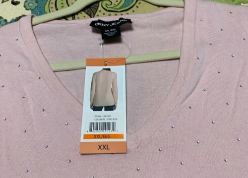 NWT DKNY XXL PINK EMBELLISHED RHINESTONES V NECK PULLOVER SWEATER - Picture 6 of 10