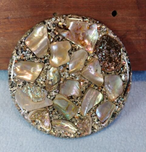 1969 Lucite Abalone Seashell TRIVET Hot Plate 5.5" Round Handmade  MCMLXIX - Picture 1 of 10