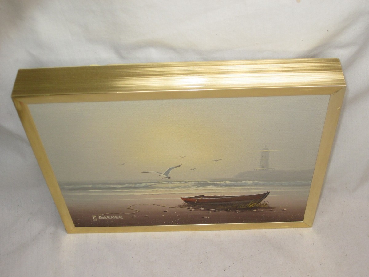 original vintage oil painting nautical lighthouse signed P. Garner