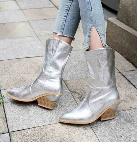 Retro Womens Western Block Heel Biker Cowboy Goth Mid Calf Boots Big Size 34-46 - Bild 5 von 22