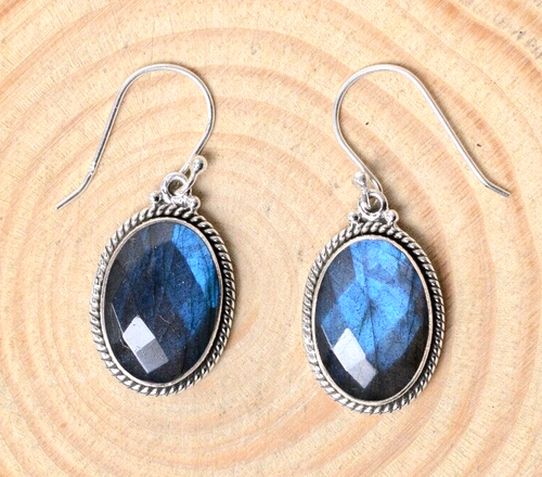 Natural Labradorite Gemstone Earring, 925 Sterling Silver, Handmade Earrings - Picture 2 of 7