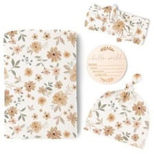 Baby Girl Newborn Receiving Blanket with Matching Headband and Beanie Floral