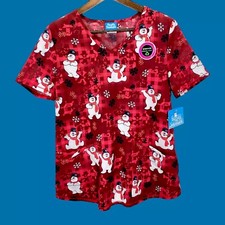 Frosty The Snowman Womens Scrub Top S Red Christmas Pediatrics Nurse Uniform NEW