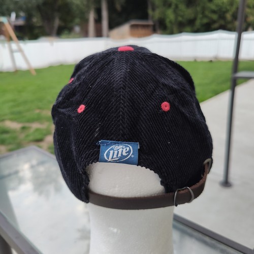 Vintage MILLER LITE Hat Cap Blue Corduroy Cord Strap Back Leather Logo 80s Beer - Picture 5 of 8