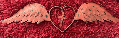 Beautiful 1 metal heart wall decor With Wings And A Cross In The Middle Of Heart