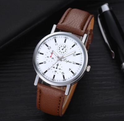 Herren/Jugendliche Designer Sport, großes weißes Zifferblatt Uhr, braunes genarbtes Lederarmband