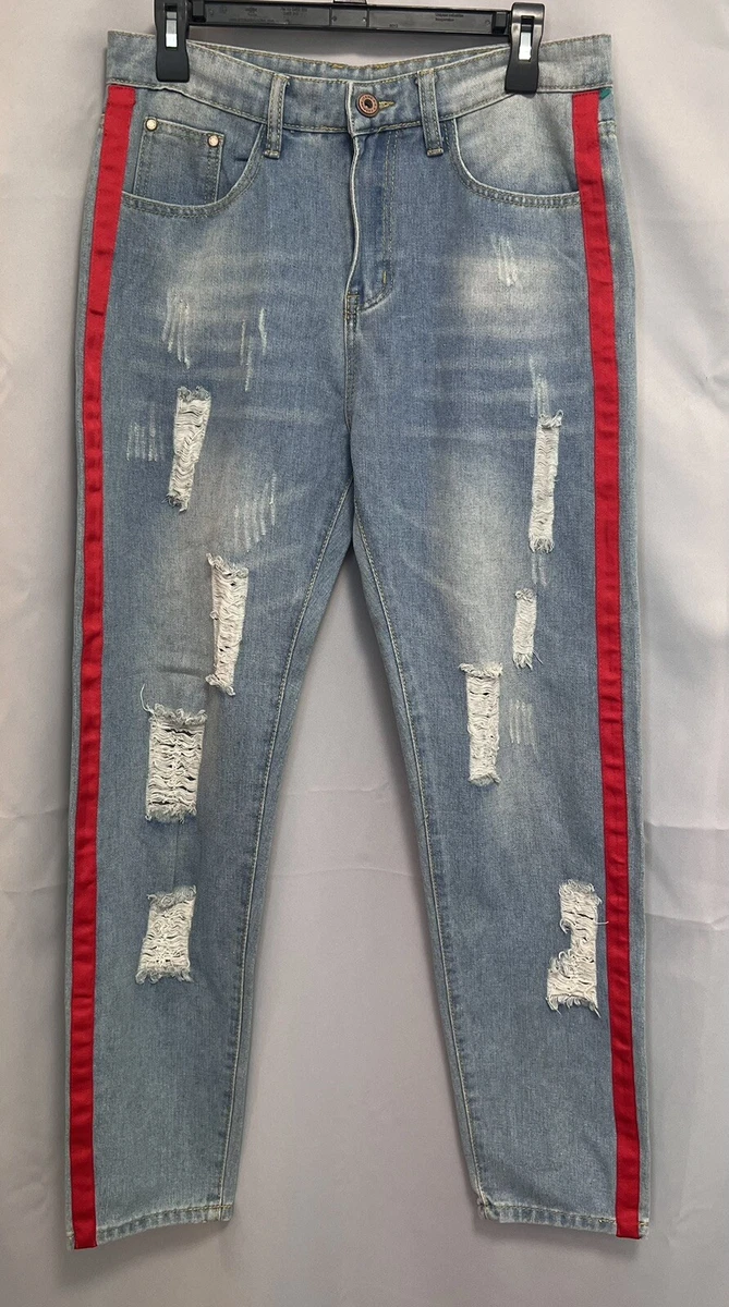 Light blue jeans with red stripe cheap
