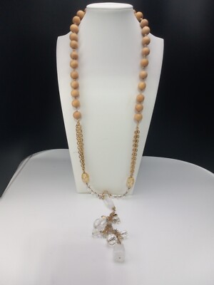 Robert Rose Gold Tone Wood Glass Acrylic Multi Shapes Beaded Tassel Necklace
