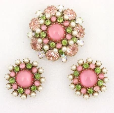 SIGNED Schreiner New York Brooch Earring Set Rhinestone Pearl Couture Parure