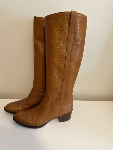 GUCCI LIGHT BROWN LEATHER LOGO HEEL DETAIL PULL ON KNEE HIGH RIDING BOOTS Sz 8 b