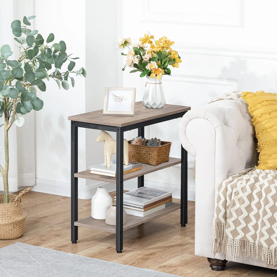 Mesa auxiliar, mesa auxiliar rústica simple con estante de almacenamiento de 3 niveles, noche estrecha... Foto 2 de 4