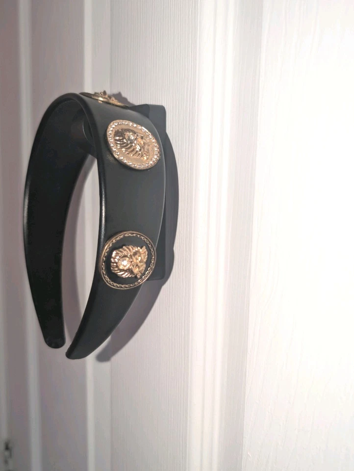 Black Faux Leather Headband Gold Lion Medallion Designer Inspired - Image 3 of 4