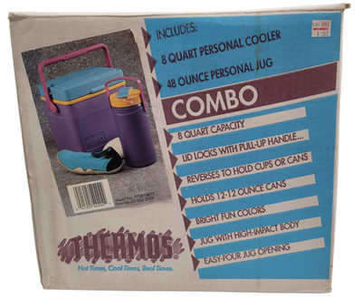 Vtg Retro Thermos Combo Set: 8 Qt Cooler + 48 Oz Jug Purple/Teal/Yellow NOS +Box