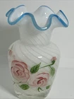 1970’s Telefloral Fenton Art Glass  White Optic Swirl W/ Aqua Crest Rim
