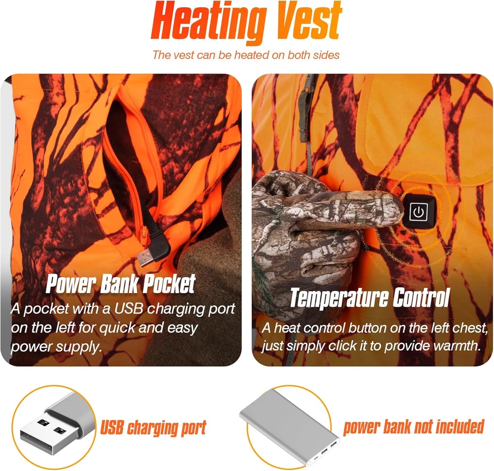 Camo and Orange Reversible Heated Vest for Hunting, Lightweight Heating Game Saf - Image 3 of 4