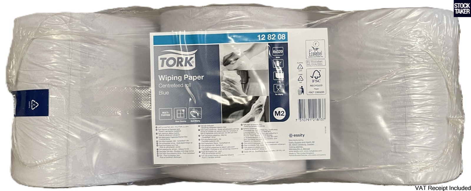 (6 Rolls) Tork 128208 M2 Wiping Paper 1-Ply Blue Centrefeed 320m (VAT Invoice)