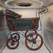 VTG Victorian Baby Doll Stroller Carriage Wicker Wood Metal Decor 16.5 x 15 In