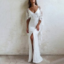 Boho Mermaid Wedding Dresses V-Neck Batwing Sleeves High Split Bridal Gowns