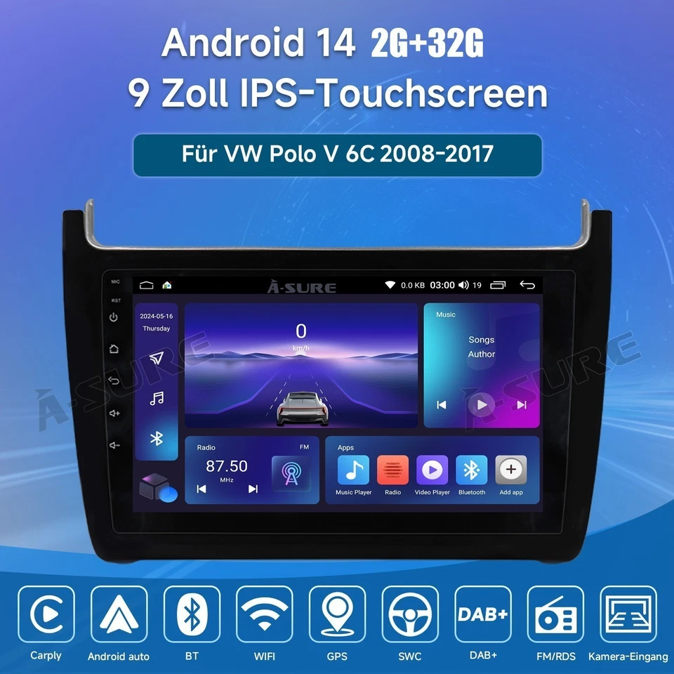 2+32G Android 14 Autoradio Apple Carplay FM GPS Navi für VW Polo 6R 6C 2009-2018 - Bild 2 von 4