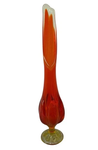 VTG 21” MCM Swung Glass Vase Pedestal Amberina Viking L.E. Smith Blenko Style