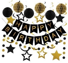 Birthday Decorations Happy Birthday Banner with Honeycomb Balls Black and Gold