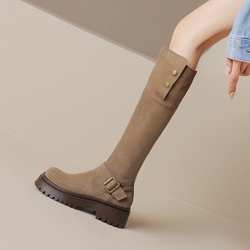 SAOLA Stivali donna al ginocchio lunghi scamosciati pelle suola spessa stivali cavaliere scarpe tacco basso