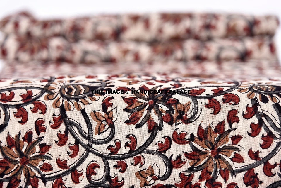 5 Yard Indian Hand Block Print Pure Cotton Fabric Sanganeri Running Fabric Beige - Image 2 of 3
