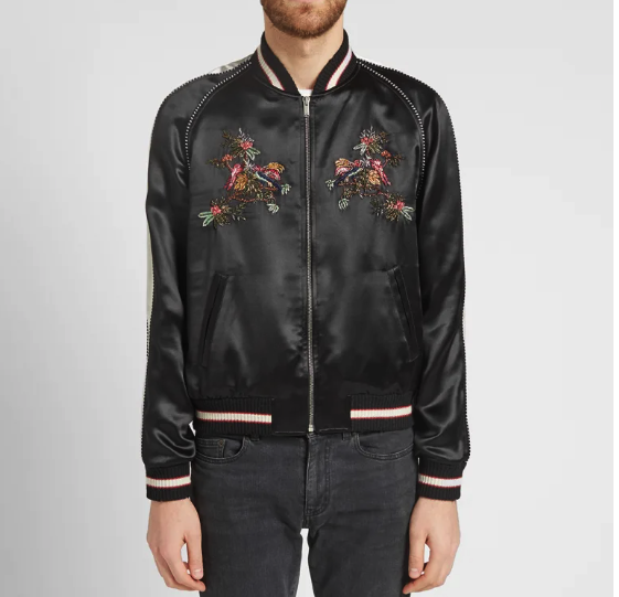 Saint Laurent Men Bird of Paradise Satin Varsity Jacket in Saint Laurent Men Bird of Paradise Satin Varsity Jacket in
