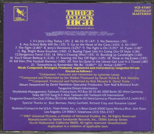 TANGERINE DREAM - Three O'clock High (Varese Sarabande #VCD 47307 - USA, 1987) - Imagen 2 de 2