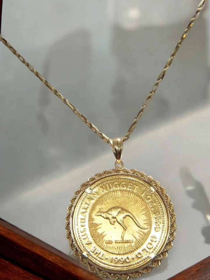 Collar australiano 1990 1 oz oro .9999 $100 bisel canguro 21 pulgadas L ahorra #2062 Foto 2 de 4