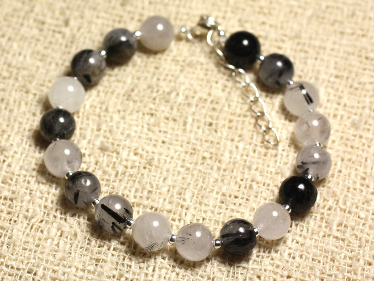 Bracelet argent 925 femme pierre semi précieuse quartz tourmaline noire 8mm