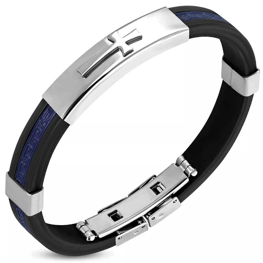 Stainless Steel Blue Black Rubber Religious Cross Bracelet 8