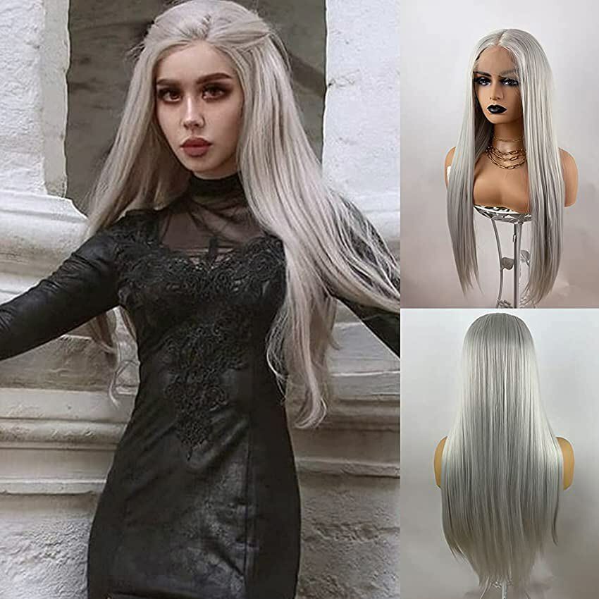 Gray Blond Lace Front Wig Long Straight Blonde Wig Natural  display picture 2