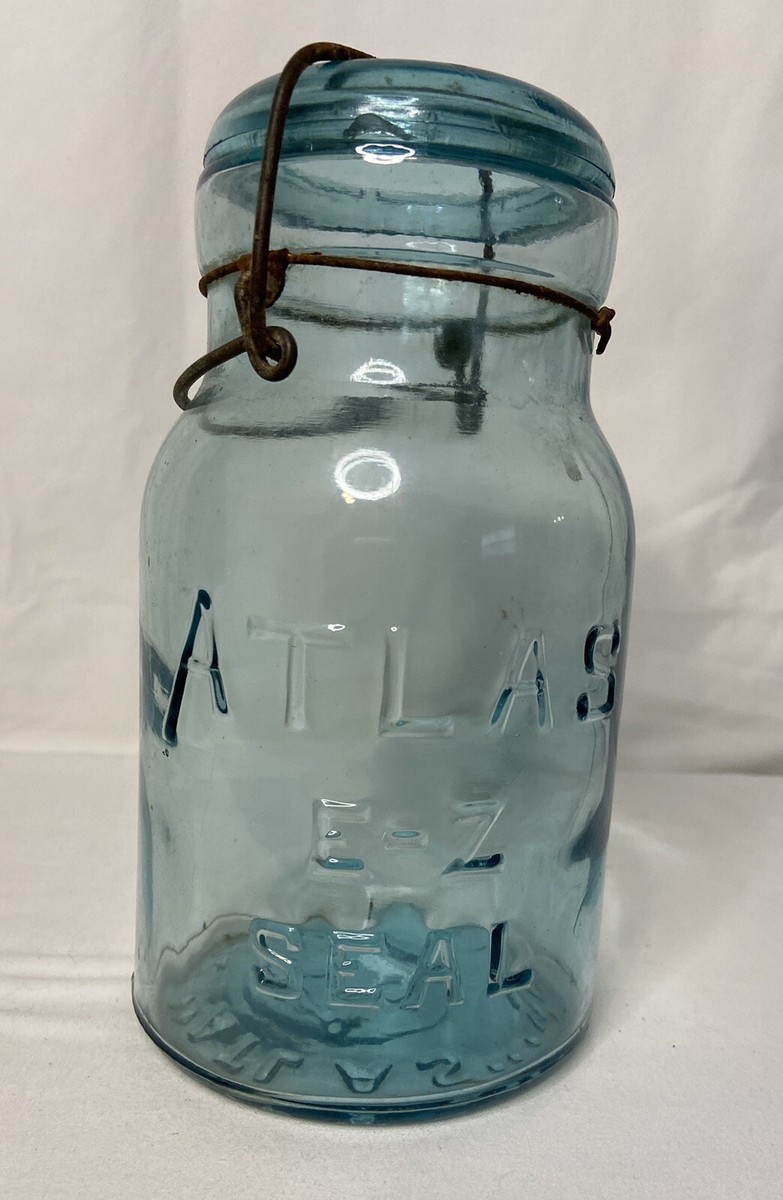 Vintage Atlas E-Z Seal BLUE Canning Jar With Wire Bail & Glass Lid