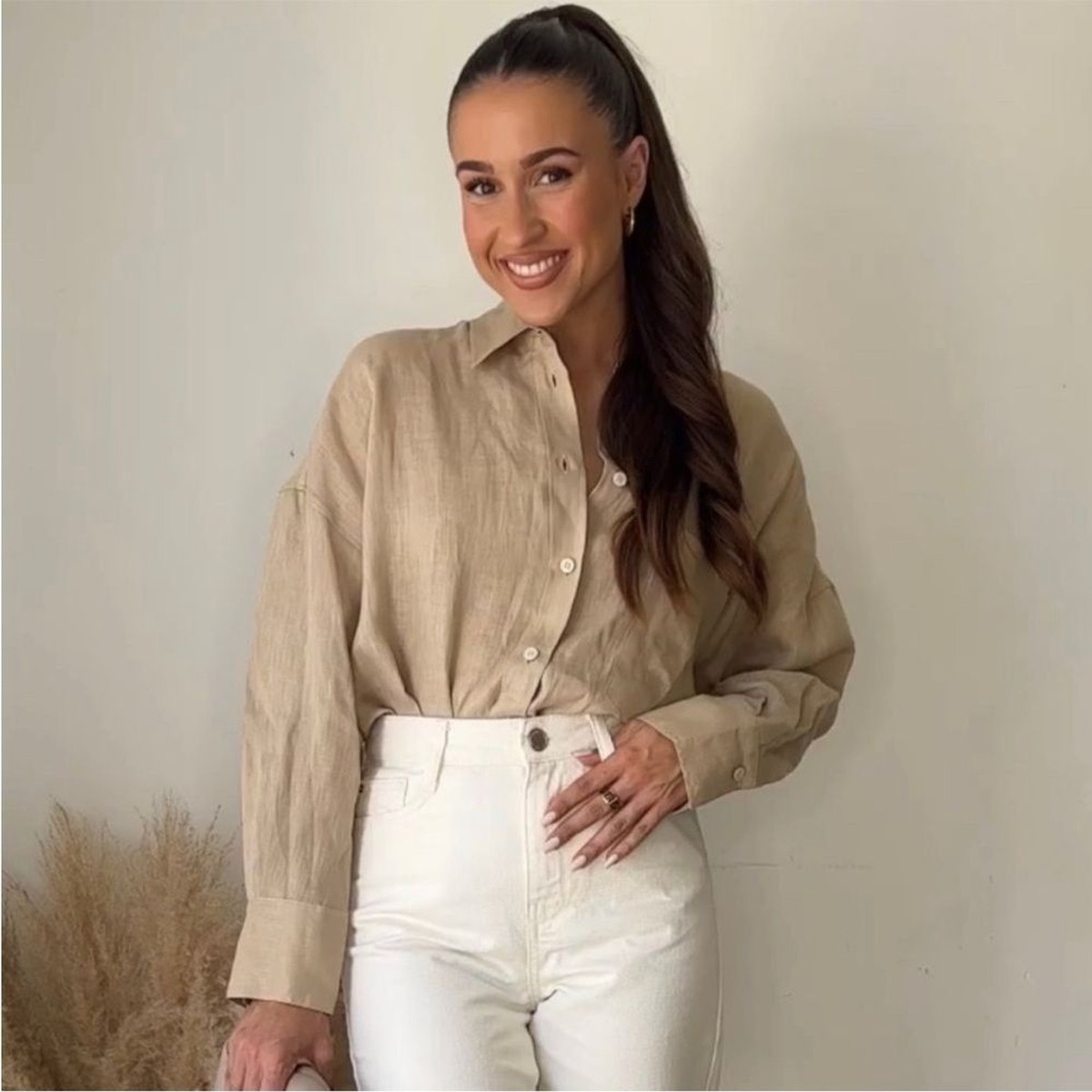 【  Shirt Ls W Brown-Light Beige Women 】 ファッション レディースファッション トップス その他トップス レディー Zara Women's Oversized 100% linen Button Down Shirt Tan Size