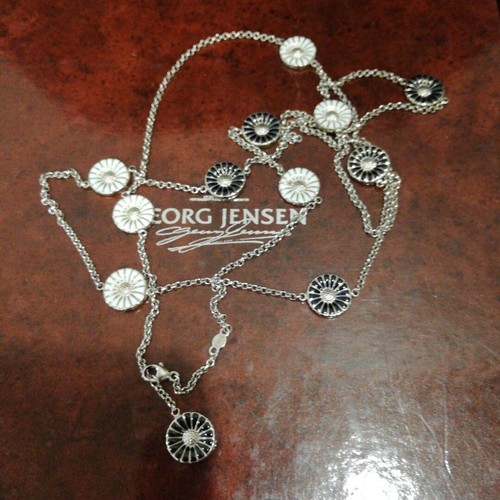 GEORG JENSEN Chain Long Daisy Necklace Pendant Black Enamel White w/box Used