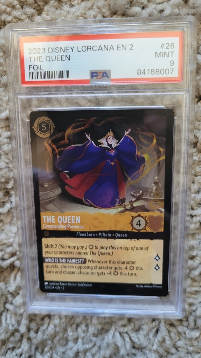the queen lorcana card Commanding Presence 26/204 Rare Disney Foil PSA 9 Aisha Durmagambetova Shimmering Skies Singles The first Chapter - the