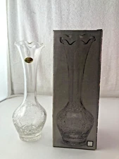Vintage 90s Clear Crackle Glass Ruffled Edge Bud Vase 7.25" Tall NOS