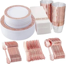 175Pcs Disposable Plastic Plates Silverware Napkins Dinnerware Elegant -