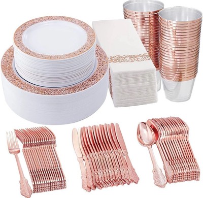 175Pcs Disposable Plastic Plates Silverware Napkins Dinnerware Elegant-25 guests