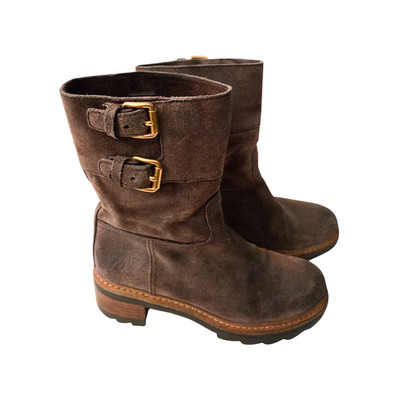 PRADA Ebano Boots Brown Suede Leather Calf High 3U5360 Dual Buckle Size 35 US 5