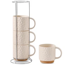 Ceramic Coffee Mug Set of 4, 16OZ Stackable Coffee Mug Set with Stainless Sta...
