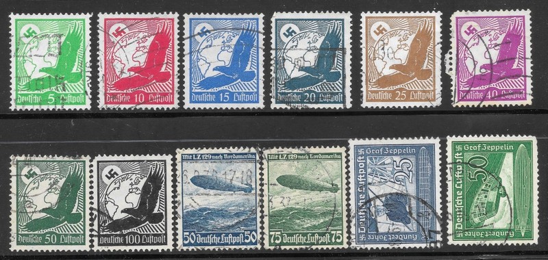 Sound Clean Group of Postally Used German Airmail Postage Stamps of 1934 to 1938