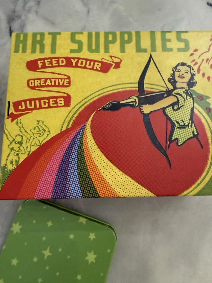 Blue Q Tins Collectible Tin Retired Art W/ Supplies Archer Rainbow Graphic RETRO - Image 2 of 4