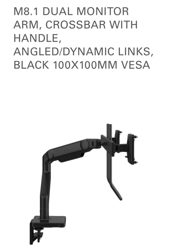 M8.1 DUAL MONITOR ARM, CROSSBAR WITH HANDLE, ANGLED/DYNAMIC LINKS, BLACK 100X100 - Image 3 of 4