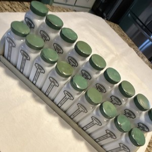 Griffith’s Spice Jar and Rack Set, 18 Glass Jars with Green Lids, Metal Rack