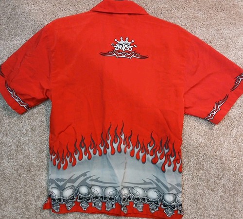 Vintage JNCO M Fire Red Flame Skull Tee Shirt USA Wrap Around Button Up Collared - Picture 2 of 8