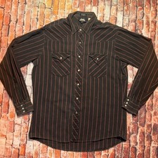 Vintage LEE Western Cowboy Pearl Snap Black Red Striped Button Down Shirt Large