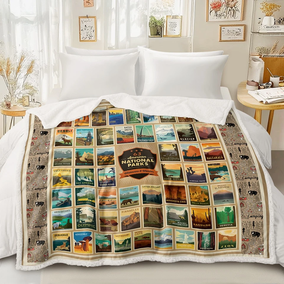 Manta de lana sherpa de parques nacionales de Estados Unidos para sofá cama mapa del mundo Foto 3 de 4