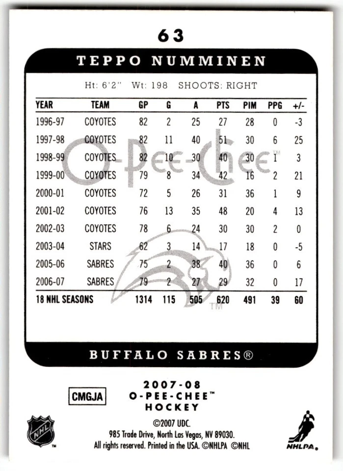 Teppo Numminen 2007-08 O-Pee-Chee Micromotion #63 - Image 2 of 2